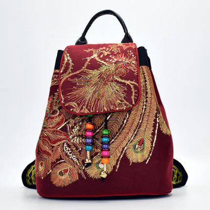 Embroidered Canvas Peacock Backpack with Ethnic Style