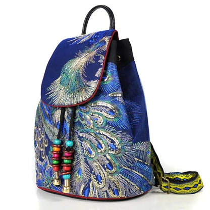 Embroidered Canvas Peacock Backpack with Ethnic Style
