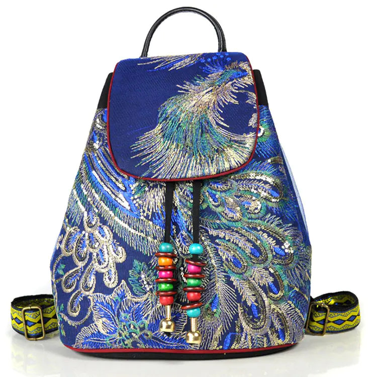 Embroidered Canvas Peacock Backpack with Ethnic Style