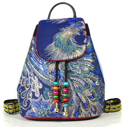 Embroidered Canvas Peacock Backpack with Ethnic Style
