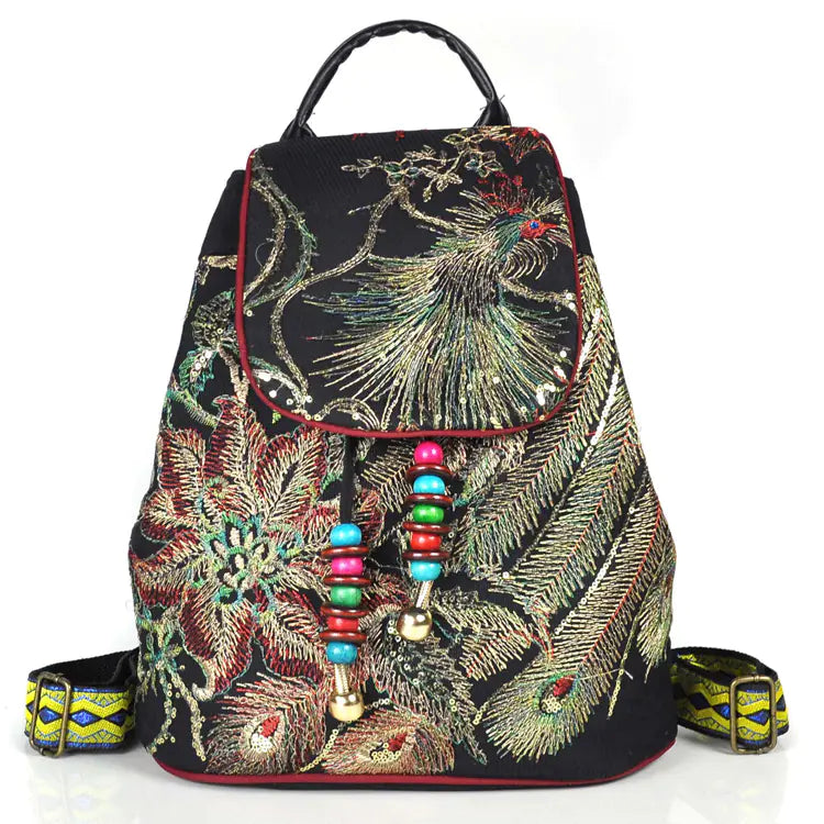Embroidered Canvas Peacock Backpack with Ethnic Style